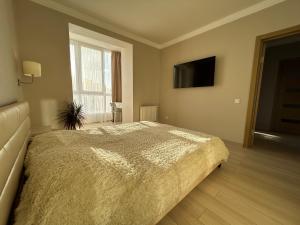 a bedroom with a bed and a flat screen tv at Kalinova Sloboda Home in Ivano-Frankivsk