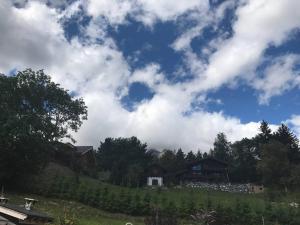 Ein Hügel mit Häusern und ein blauer Himmel mit Wolken in der Unterkunft Chalet le Domino - Proche des pistes et des bains in Ovronnaz
