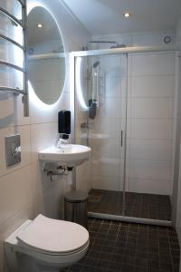 a bathroom with a shower and a toilet and a sink at Landvetter Hotell in Härryda