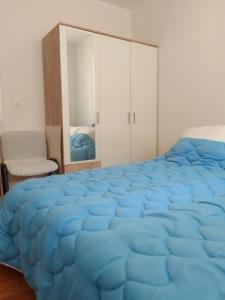 Lukavica的住宿－Stan na dan，一间卧室配有蓝色的床和镜子
