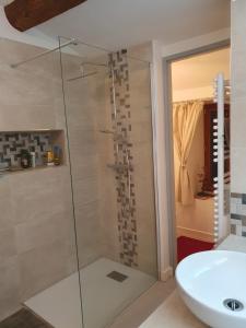 uma casa de banho com um chuveiro e um lavatório. em Chez Danièle et Jean-Pierre em Saint-Julien