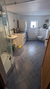 een badkamer met een douche, een wastafel en een toilet bij Möwennest Meldorf in Meldorf