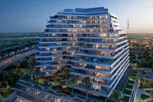 an overhead view of a large building with palm trees at studio apartment 60 sqm skyline veiw in Dubai