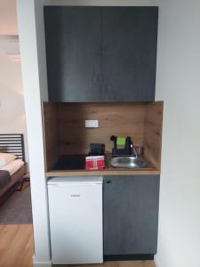 eine kleine Küche mit einem Waschbecken in einem Zimmer in der Unterkunft COMFORT Suites VELIKA GORICA in Velika Gorica