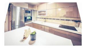 uma cozinha com um frigorífico de aço inoxidável e um vaso de plantas em Al-Ladito em Córdoba