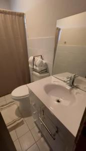 ボケテにあるCasita Boqueteのバスルーム(洗面台、トイレ、鏡付)