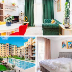 a collage of photos of a hotel room at EMERALD HOME in Creţuleasca