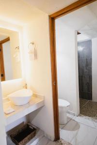 a bathroom with a sink and a toilet and a mirror at Paulas Suites in Ixtapa