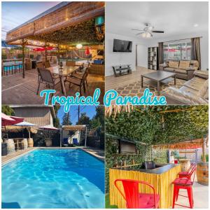 uma colagem de fotos com uma piscina e uma casa em Tropical Paradise em Fresno