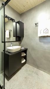 een badkamer met een wastafel en een spiegel bij Lawendowe Domki Latoszyn-Zdrój Domek Bergen in Latoszyn