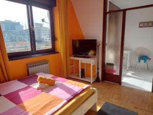 a bedroom with a bed and a tv and a window at Zagreb apartment Toni in Zagreb