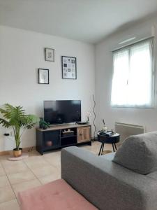 a living room with a couch and a flat screen tv at Proche aéroport à pied, Le Rêve Rose. in Tillé