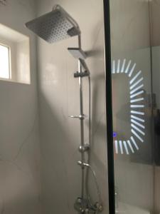La salle de bains est pourvue d'une douche et d'un miroir. dans l'établissement جناح فاخر, à Al-Hassa