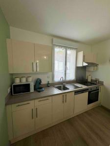 a kitchen with a sink and a microwave at cosy mery in Méry-sur-Oise