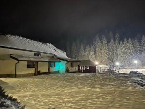 uma casa coberta de neve à noite com árvores cobertas de neve em Penzión Hruboš em Habovka