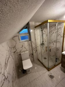 a bathroom with a toilet and a glass shower at Vila Bate Bole 