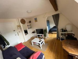 a living room with a blue couch and a table at Joli 2 pièces - Krutenau Austerlitz in Strasbourg