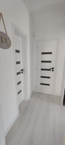 um quarto vazio com duas portas brancas e pisos de madeira em New apartman Sali em Galanta