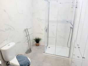 a white bathroom with a shower and a toilet at Penedo Grande suítes t1 in São Bartolomeu de Messines