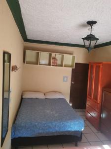 een kleine slaapkamer met een bed en een plafond bij Hostal Guadalajara in Guadalajara