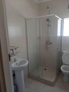 Kitwe的住宿－GOLDLAND APARTMENTS，带淋浴、卫生间和盥洗盆的浴室