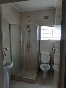 y baño con ducha, aseo y lavamanos. en GOLDLAND APARTMENTS en Kitwe