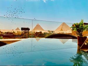 een uitzicht op de piramides vanuit een raam met vogels bij Zoser Pyramids View- Foreiigners only in Caïro