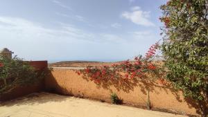 a retaining wall with red flowers on it at Riad Al Afrah in Id Chahadene