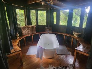 a bathroom with a bath tub in a room with windows at Cozy cabin with fireplace in San José