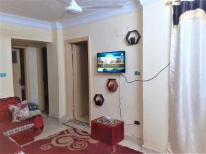Furnished apartment in Minya في المنيا: غرفة معيشة مع أريكة وتلفزيون على الحائط
