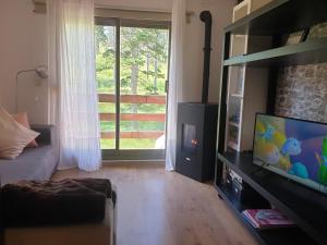 uma sala de estar com uma grande janela e uma televisão em Port del Comte Apartment - A PIE DE PISTA em La Coma i la Pedra