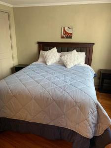 a bedroom with a large bed with a blue comforter at Departamento Central in Santiago