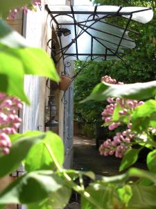 une porte menant à un jardin avec des fleurs roses dans l'établissement B&B des Marcs d'Or, à Dijon
