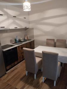 a kitchen with a table and some chairs and a stove at Obilex in Podgorica
