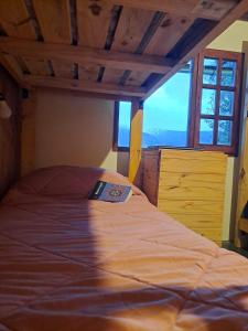 a large bed in a bedroom with a large window at HOSTEL EL LIMON in El Bolsón