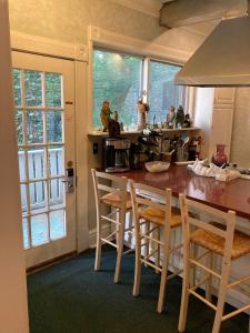 uma cozinha com uma mesa e cadeiras de madeira e janelas em The Villa Toscana em Chicago
