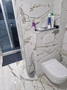 a marble bathroom with a toilet and a shower at Appartement/Apartment/전원주택 15mn from Paris RER C in Viry-Châtillon
