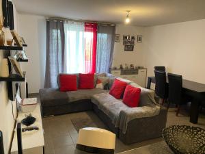 ein Wohnzimmer mit einem Sofa und roten Kissen in der Unterkunft Chambre chez lhabitant in Toulouse