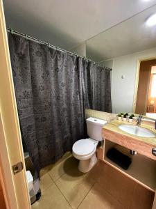 La salle de bains est pourvue de toilettes et d'un lavabo. dans l'établissement Departamento amplio en Laguna Bahia hermosa vista, à Algarrobo