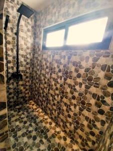 a bathroom with a shower and a window at MOOREA - O Motu in Temae