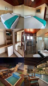 un collage de cuatro fotos de un dormitorio y una piscina en AP CAMOCIM praia bangalôkite13, en Maceió