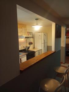 uma cozinha com um frigorífico branco e uma bancada em CASA COMPLETA 2 PLANTAS CON EXTRAORDINARIA VISTA AL CANAL BEAGLE CENTRICA 4pax em Ushuaia