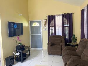 a living room with a couch and a chair and a television at Finest Accommodation Phoenix Park Lot 1317 Phase 4 Portmore St Catherine in Portmore
