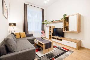 sala de estar con sofá y TV en Izabella Apartment en Budapest