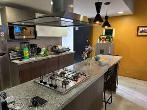 uma cozinha com um fogão e uma bancada em Departamento de lujo, exclusivo Terraza y jardín gh02 em Guadalajara
