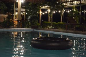 a swimming pool with a black tire in the water at night at Jungle Boss Travel Lodge in Phong Nha