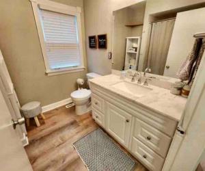 a bathroom with a sink and a toilet and a window at Cozy Neutral Farmhouse, Coffee provided, Relaxation optional in Muskegon