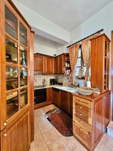una cucina con mobili in legno e un piano di lavoro di Duke's Horizon Villa in Arachova ad Aráchova