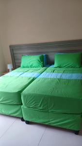 a large green bed with green sheets and pillows at Beau Bassin Inn in Baie Lazare Mahé