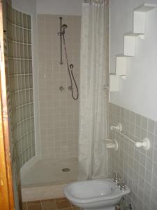 a bathroom with a shower with a toilet and a shower curtain at La Vigna Apartment in Siena